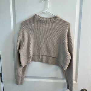 Extreme Cropped Rib-Knit Women's Sweater - Beige
